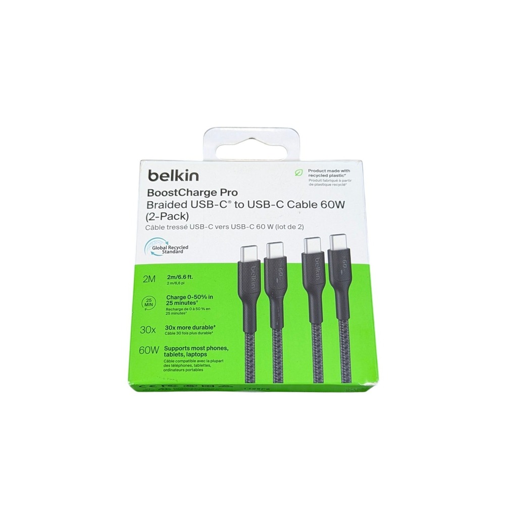 Aa3O Belkin BoostCharge‎ Pro Braided 60W USB-C to USB-C 6.6 ft - Black (2 Pack)